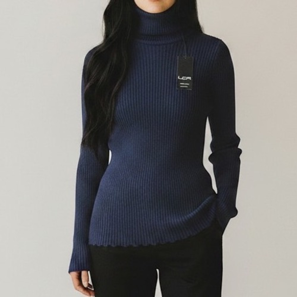 LCR Black Edition Turtleneck Sweater Womens XL Navy Blue NWT Ribbed Knit 1670C